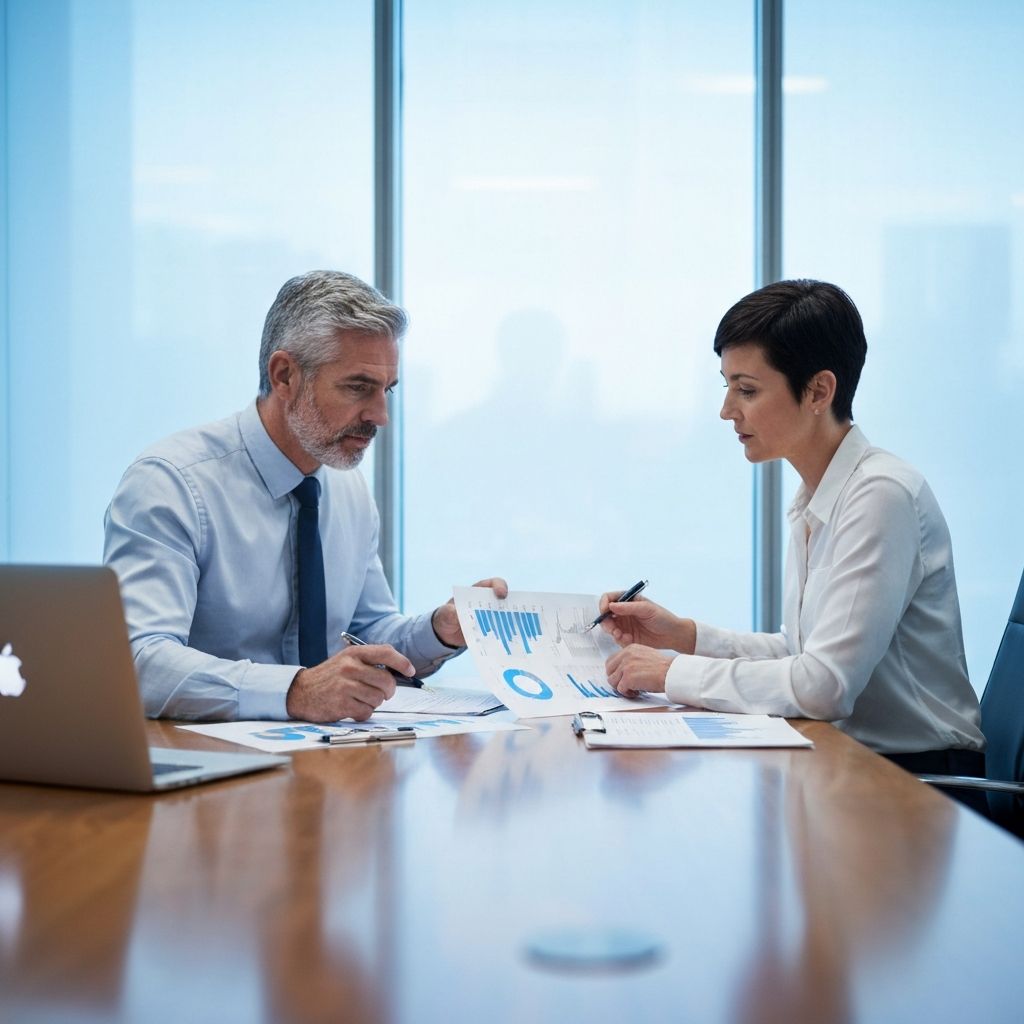 Lideri de companii analizând informații comerciale